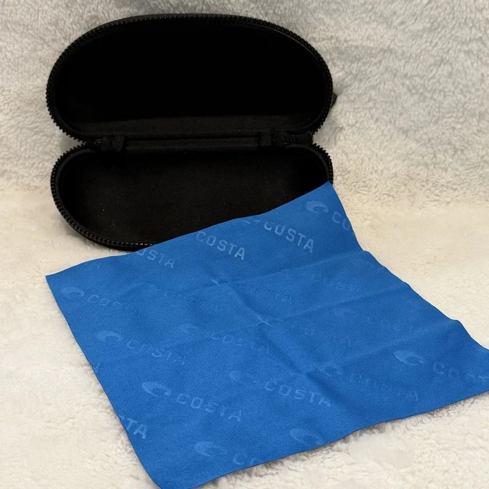Costa Del Mar Zippered Hard Shell Black Sunglass Case & Blue Logo Cleaning Cloth